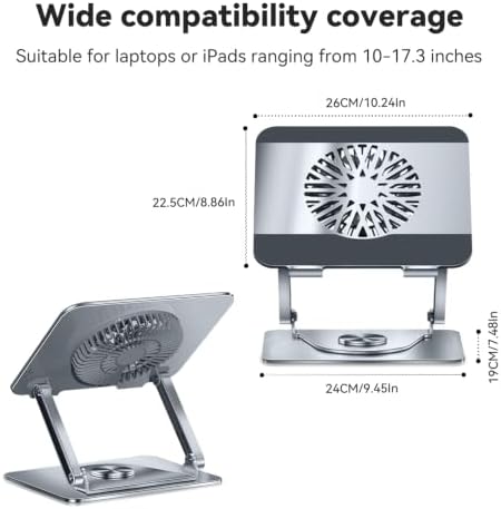360° Rotatable Foldable Laptop Stand with Cooling Fan, Dual Support Height Angle Adjustable Laptop Cooler Fits 10-17.3 Inch Laptops