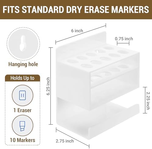 MyGift Dry Erase Marker Holder 10 Slots Whiteboard Marker Holder For Wall Dry Erase Eraser Holder Wall Mount White