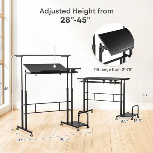 Athena Collection Rolling Standing Desk with CPU Holder, Black
