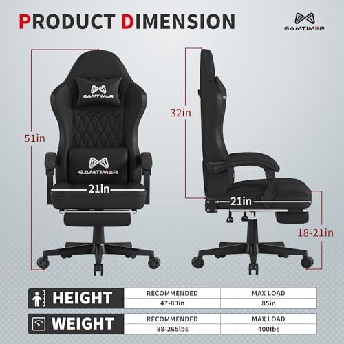 Gaming Chair with Footrest, Ergonomic Computer Chair, PU Breathable Material with Headrest and Lumbar Support, Suitable for Silla Gamer and Adults(Black)