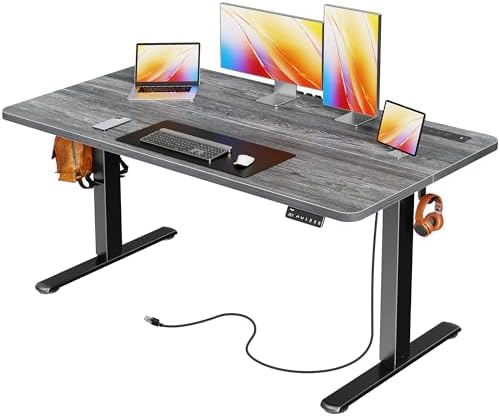 Huuger 55 X 24 Inch Electric Standing Desk with Power Outlets and USB-C Port, Height Adjustable Desk, Sit Stand Desk for Home Office, Computer & Gaming Desk with 3 Presets, Stable Steel Frame, Grey