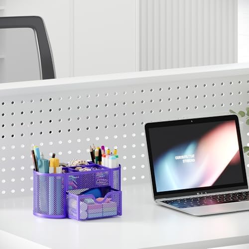 EasyPAG Mesh Pen Holder Desk Organizer with Drawer Stationery Supplies Organizer for Dorm School 9 Compartments Workspace Desk Accessories Organization for Office, Purple