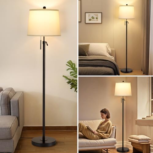 JUNNAI Black Floor Lamps for Living Room Adjustable Height Standing Lamp Modern Tall Pole Lamps for Bedroom Office with White Linen Shade 3 Color Temperature 9W LED Bulb Included