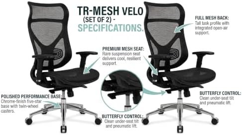 TR-Mesh Velo Full Mesh Office Performance Chair Set - Set of 2 High Back Ergonomic Chairs with Premium Suspension, Open-Air Back Support, Butterfly Tilt Control, Polished Base