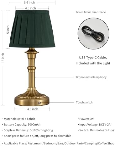 KDG Gold Cordless Table Lamps Set of 2, Green Fabric Shade Small Desk Lamp