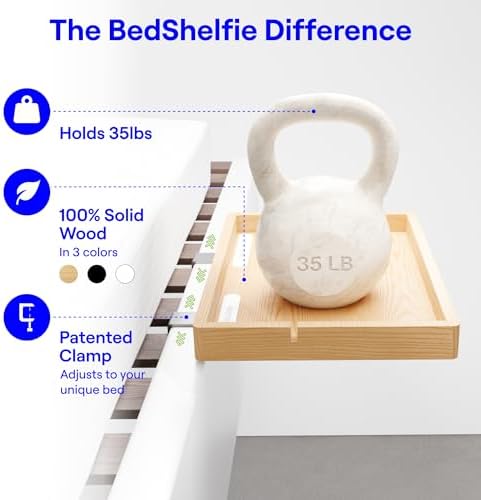 BedShelfie Wood Bedside Shelf for Dorm Room - Natural