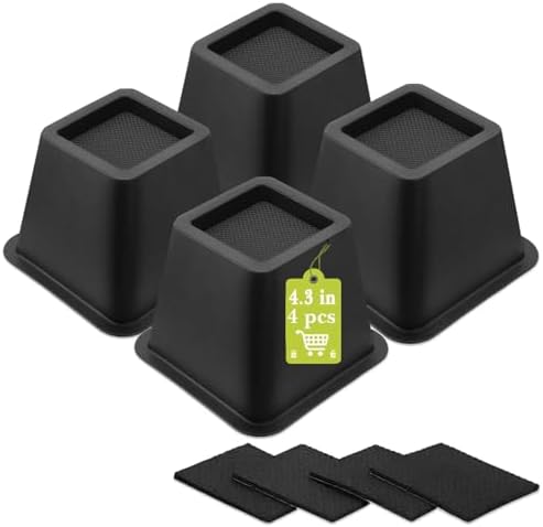 4 Pack Furniture Risers 4 Inch, Bed Risers Heavy Duty for Table Desk Couch Chair Sofa Cabinet Bed Frame Dorm, Square Table Leg Risers Lift Height 4.3", Black
