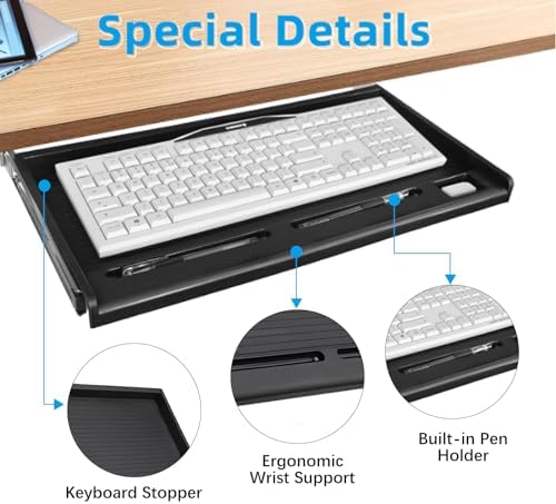 TOOCUST Under Desk Keyboard Tray, 20" Wx11"D Sturdy Key Board Tray Under Desk Slide with Pen Tray, Desk Extender with Pen Holder,Black