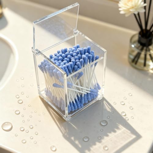 Clear Acrylic Qtip Holder with Lid, Cotton Balls Swab Organizer