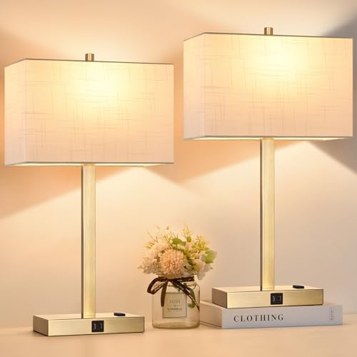 21" Touch Bedside lamps with 2 USB & AC Outlets, 3-Way Dimmable Bedside Table Lamps Set of 2 for Bedroom Living Room Office Reading, White Shade Lamps for Night Stands, 2700K LED Bulbs Included