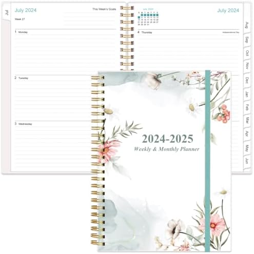 2024-2025 Planner - Weekly Monthly Planner Spiral Bound from July 2024 to June 2025 with 12 Monthly Tabs, Inner Pocket, Elastic Closure, Pink Flowers