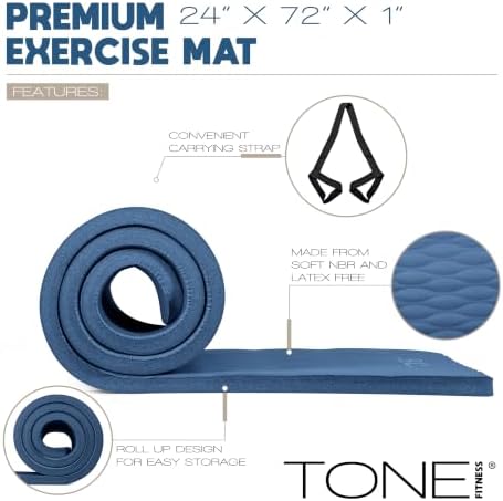 Tone Fitness 1" Extra Thick Yoga Mat, Exercise & Pilates Mat with Strap