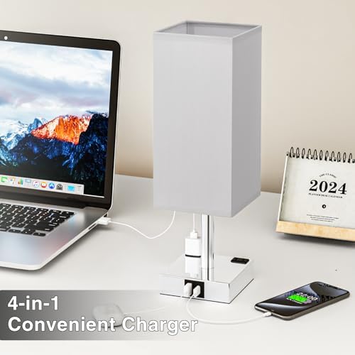 Set of 2 Grey Touch Table Lamp for Bedroom, Dimmable, USB C+A, 2 AC Outlets