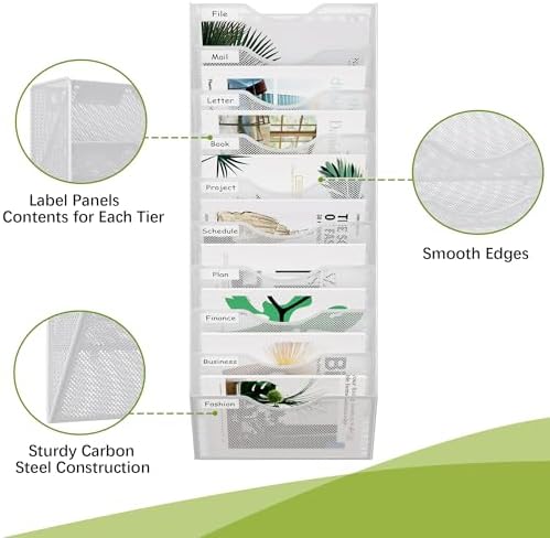 EasyPAG 10 Pocket Mesh Wall File Organizer, Hanging Paper Folder Holder with Classify Label, Vertical Wall Mount Mail Organizer for Office Home Classroom, White