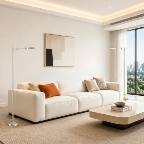 SIBRILLE LED Floor Lamp, 18W Adjustable Height Floor Lamp with Remote Control& 3 Color Temperatures, 350 Degree Swing Arms, Modern Dimmable Standing Lamp for Reading, Sewing and Craft, Brushed Nickel