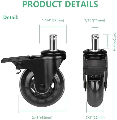 8T8 2.5" Office Chair Caster Wheels with Brakes Heavy Duty, Set of 5,Replacement Universal Rolling Chair Wheels for Hardwood Floors Carpet, Rubber Desk&Gaming Chair Casters with Locks