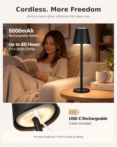 Cordless Table Lamp, 5000mAh Rechargeable, Adjustable 8.8"-20"