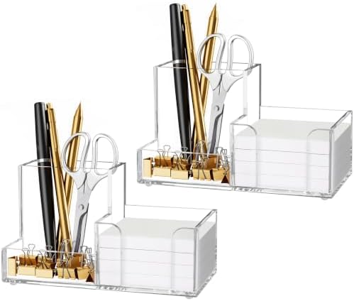 HBlife 2-Pack Acrylic Pen Holder for Desk, 3-Compartment Small Desk Organizer, Clear Office Supplies Desk Accessories with Sticky Notes Holder Stores Post It Notes 3X3 for Office, Home and School