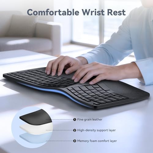 TECKNET Wireless Ergonomic Keyboard Rechargeable, 2.4G+Bluetooth Ergo Cordless USB Computer Keyboard, Wrist Rest, Natural Typing, Stain-Resistant Fabric, Compatible For Windows Computer Desktop Laptop