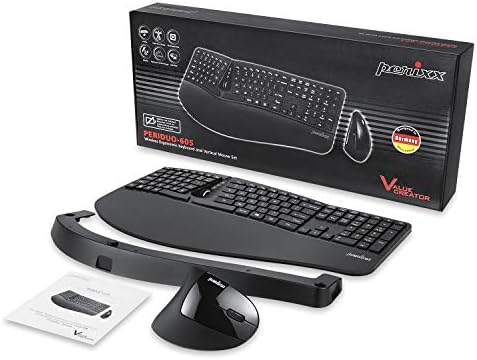 Perixx Periduo-605, Wireless Ergonomic Split Keyboard and Vertical Mouse Combo, Adjustable Palm Rest and Membrane Low Profile Keys, Black, US English Layout (11633)