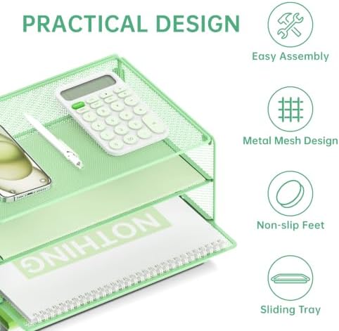 DALTACK 3 Tier Letter Tray Paper Organizer with Sliding Trays Mint Green