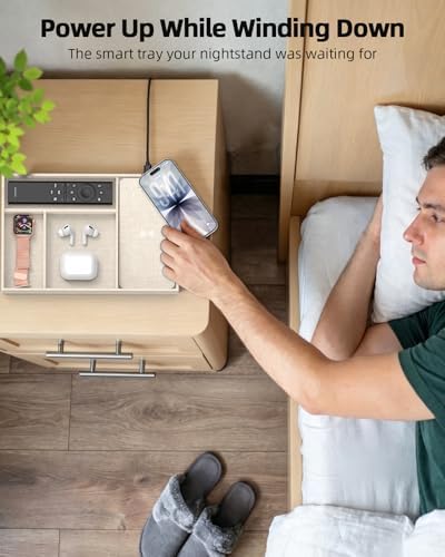 Valet Tray with Wireless Charger, Nightstand Organizer & Catchall Tray for Phone, Keys, Glasses and Accessories, Premium Linen, Stylish Desk & Bedside Storage Station