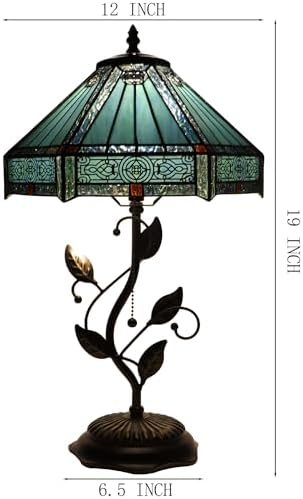 Tiffany Table Lamp, Stained Glass Desk Light, W12H19 Inch, Metal Leaf Base (Mission Style)