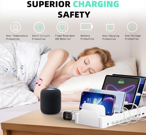 Zobirez 420W 10-Port Fast USB Charging Station for Multiple Devices, White