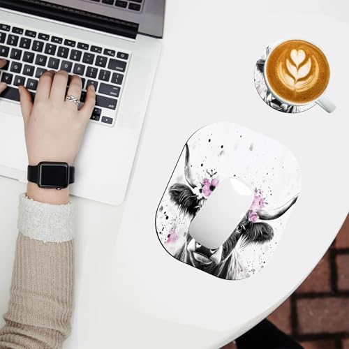 Small Mouse Pad，Mini Mouse Pad 6 x 7 Inch，for Laptop Keyboard Tray Wireless Mouse Home Office Travel，with Non-Slip Rubber Base, Waterproof Mouse Mat，Highland Cow Flower Crown