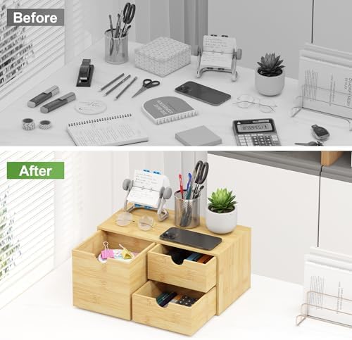 Bamboo Desk Organizer with Drawers, Desktop Storage Box for Office Supplies