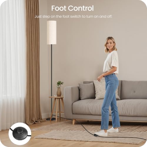 Set of 2 Slim Floor Lamps for Living Room with 2 Magnetic Remotes and Foot Switch, Dimmable Standing Lamp Mood for Bedroom Nursery, 3 Color Temperatures, 1-Hour Timer, 900LM Bulb Included, Beige Shade