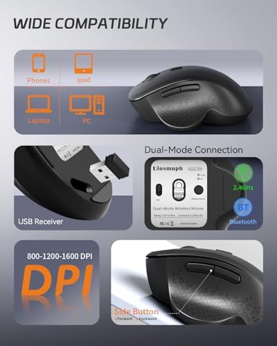 Uiosmuph G09 Bluetooth Wireless Mouse, Rechargeable Ergonomic Mouse - Black