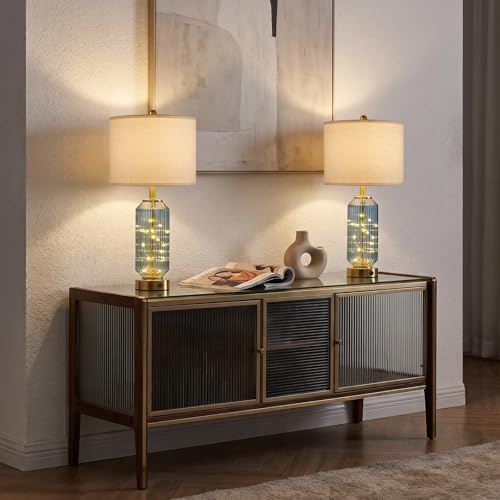 Oneach 24.5" Bedside Table Lamps Set of 2, Blue Coastal Nightstand Lamps with Night Light, USB A+C Charging Ports, Glass Lamps for Bedroom, Living Room, End Table (2 Bulbs Included)