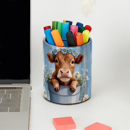 Highland Cow Daisies Farmhouse Pen Holder Pencil Organizer Cute Pencil Cup Desk Decor Makeup Brush Holder PU Multifunctional Office Supplies for Home Classroom School
