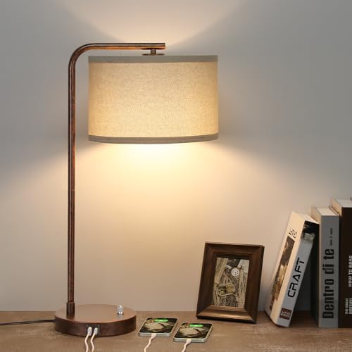 Vintage Table Lamp, Fully Dimmable Bedside Lamp with C+A USB Charging Ports