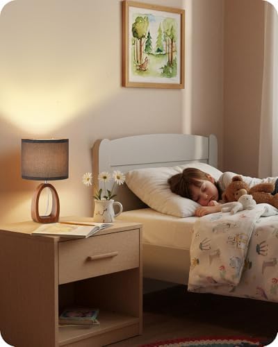 Gray Table Lamp, Small Wood Bedside Lamp with Gray Linen Lampshade & Dark Pearwood Base, Modern Nightstand Lamp for Bedroom, Kid's Room, Cute Desk Lamp with Cable, E26 Socket, LH07TL05