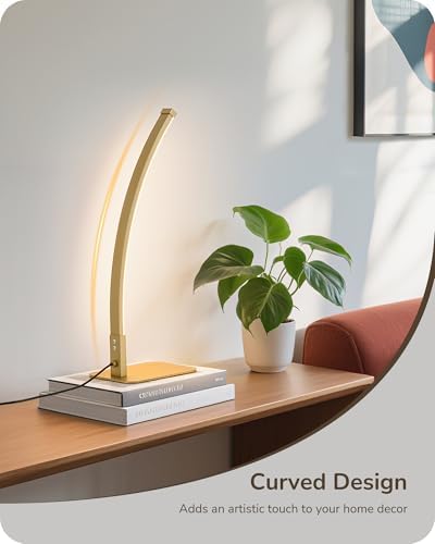 EDISHINE Curved LED Table Lamps for Living Room, Modern Bedside Lamp, Gold