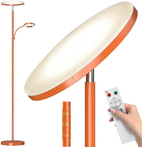 marctronic Orange Floor Lamp, 42W 4000LM Super Bright LED Lamp with Reading Light for Living Room Bedroom Office, Touch Control, Dimmable Standing Lamp with Remote