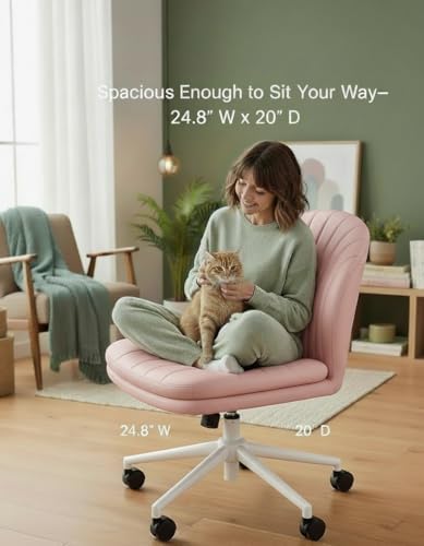 Marsail Armless-Office Desk Chair with Wheels: PU Leather Cross Legged Wide Chair,Comfortable Adjustable Swivel Computer Task Chairs for Home,Office,Make Up,Small Space,Bed Room, Pink