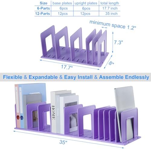Adjustable Vertical File Sorter Sturdy Plastic Expandable Upright File Holder, Desktop Binder Organizer, School Office File Organizer Bookshelf Divider, Assemble Easily Endlessly, Purple