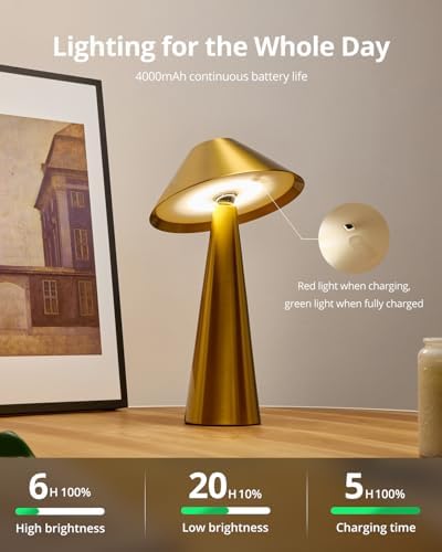 Bojim Rechargeable Cordless Table Lamp, Gold LED Battery Operated Wireless Table Lights, Touch for 3 Color Dimmable, IP54 Waterproof for Restaurant, Dining, Outdoor, Patio, Outside