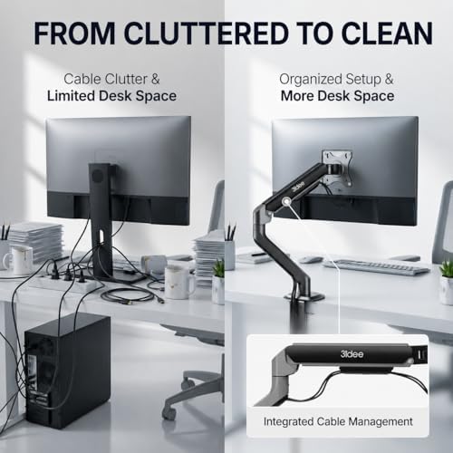 3IDEE FlexiLite Single Monitor Arm Desk Mount for 17-32" Screens, Holds up to 20 lbs, Slim Aluminium Design, Fully Adjustable & Flexible, Quick Box to Desk Setup, Clamp/Grommet Base, VESA 75/100