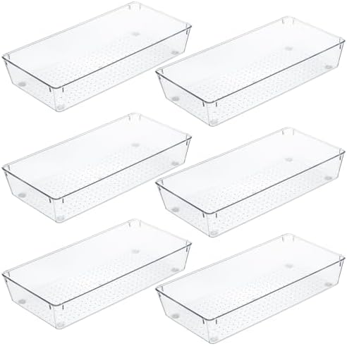 Kingrol 6 Pack 12 x 6 x 2 Inch Clear Drawer Organizer Trays, Desk Drawer Divider Storage Bins, Storage Box Set for Utensils Junks Vanities Makeups Jewelry Office Craft Supplies