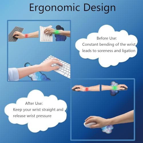 Cloud Wrist Rest Keyboard Galaxy Mouse Pad Set Gradient Blue Large Desk Mat Ergonomic Space Wrist Pad Memory Foam Non-Slip Stars Wrist Support for Computer Laptop Gaming Home Office Relief Typing Pain