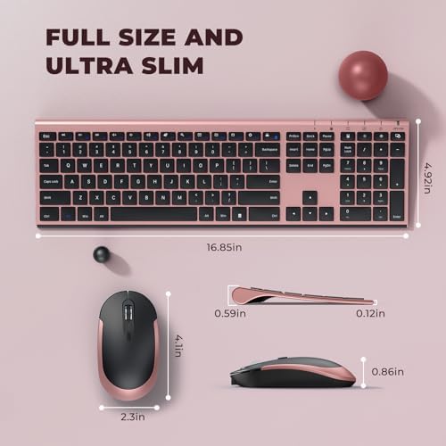 Vssoplor Wireless Keyboard and Mouse, Rechargeable Ultra Slim, Rose Gold