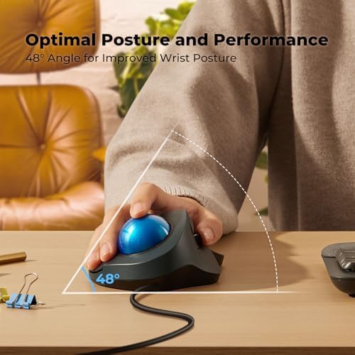 Wired Ergonomic Trackball Mouse for Large Hands, 44mm Index Finger Control