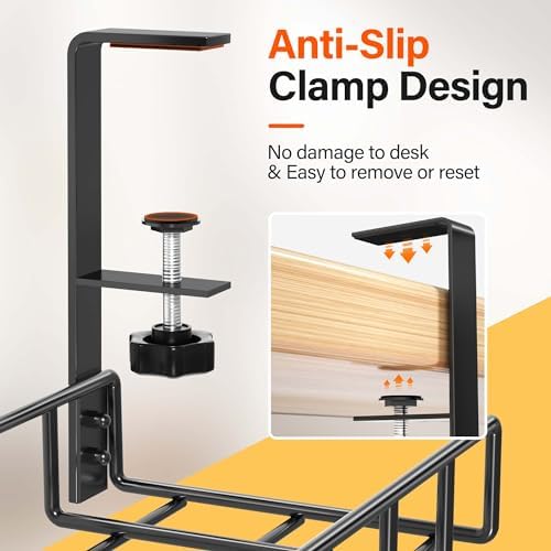2 Pack Cable Management Under Desk Tray, 31.4" No Drill Under Desk Wire Management with Upgraded Clamp, Metal Cord Organizers for Desk with Cable Organizers, PC Cable Management Rack, Black