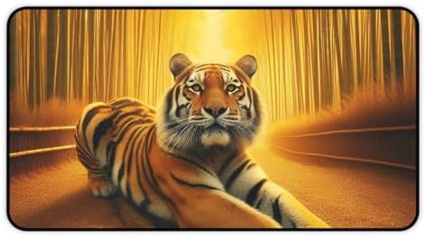Tiger Stretching in a Golden Bamboo Grove - Premium Vibrant Colors Desk Mat