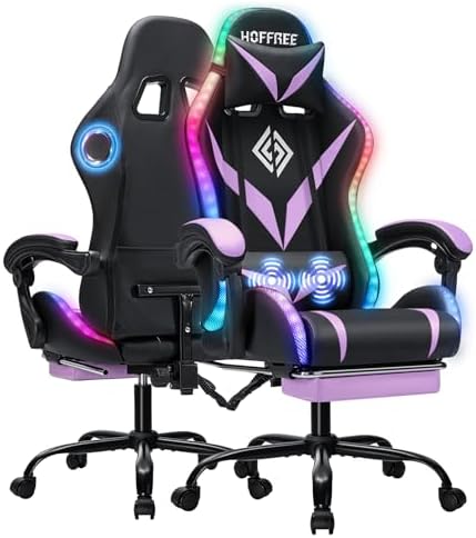 Gaming Chair with Bluetooth Speakers RGB LED Lights Computer Chair-Purple