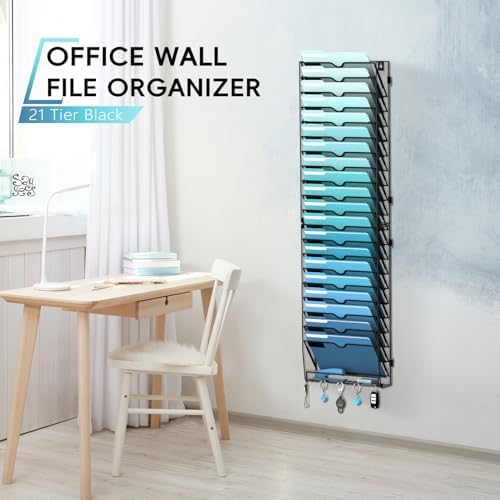 21-Tier Wall File Organizer and Mail Organizer with 5 Hooks, Black